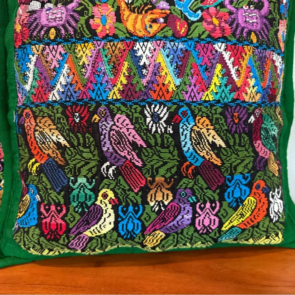 Guatemala handmade Embroidered Throw Pillows pair 18x18” zip birds crab floral
